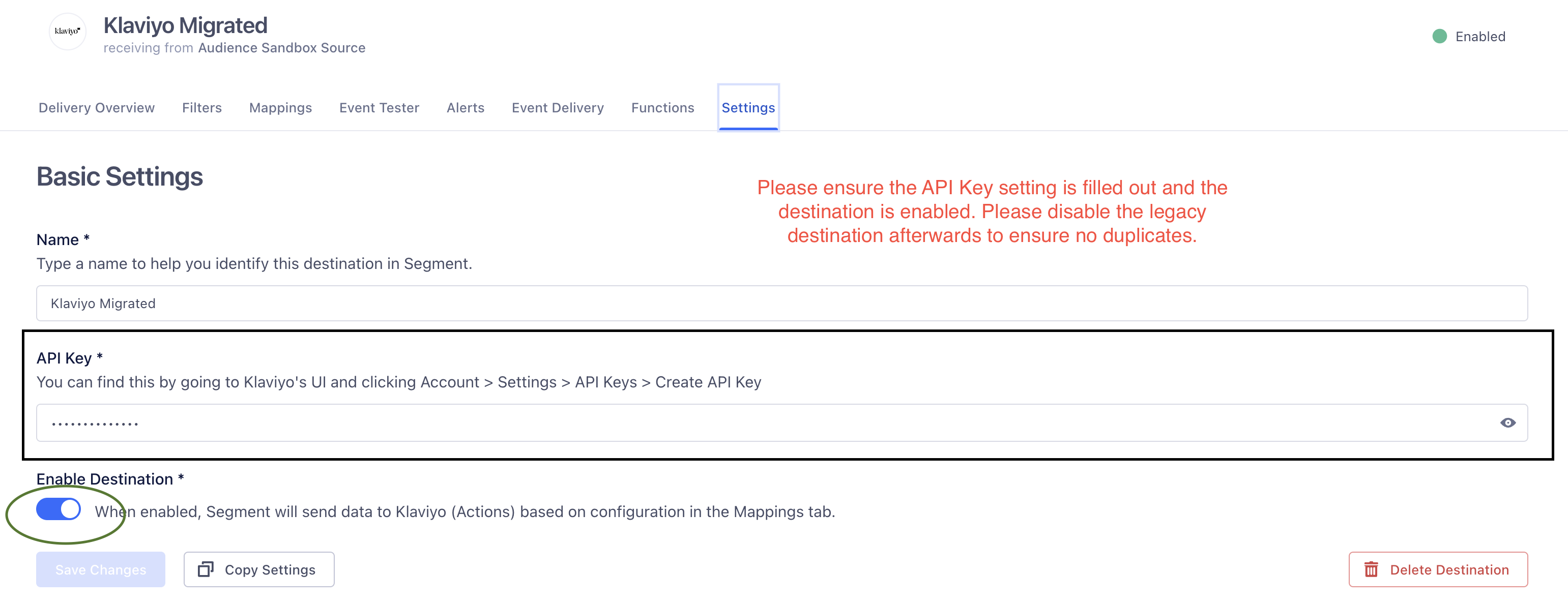A screenshot of the Settings page for a migrated Klaviyo Actions destination, with a black outline around the API Key field