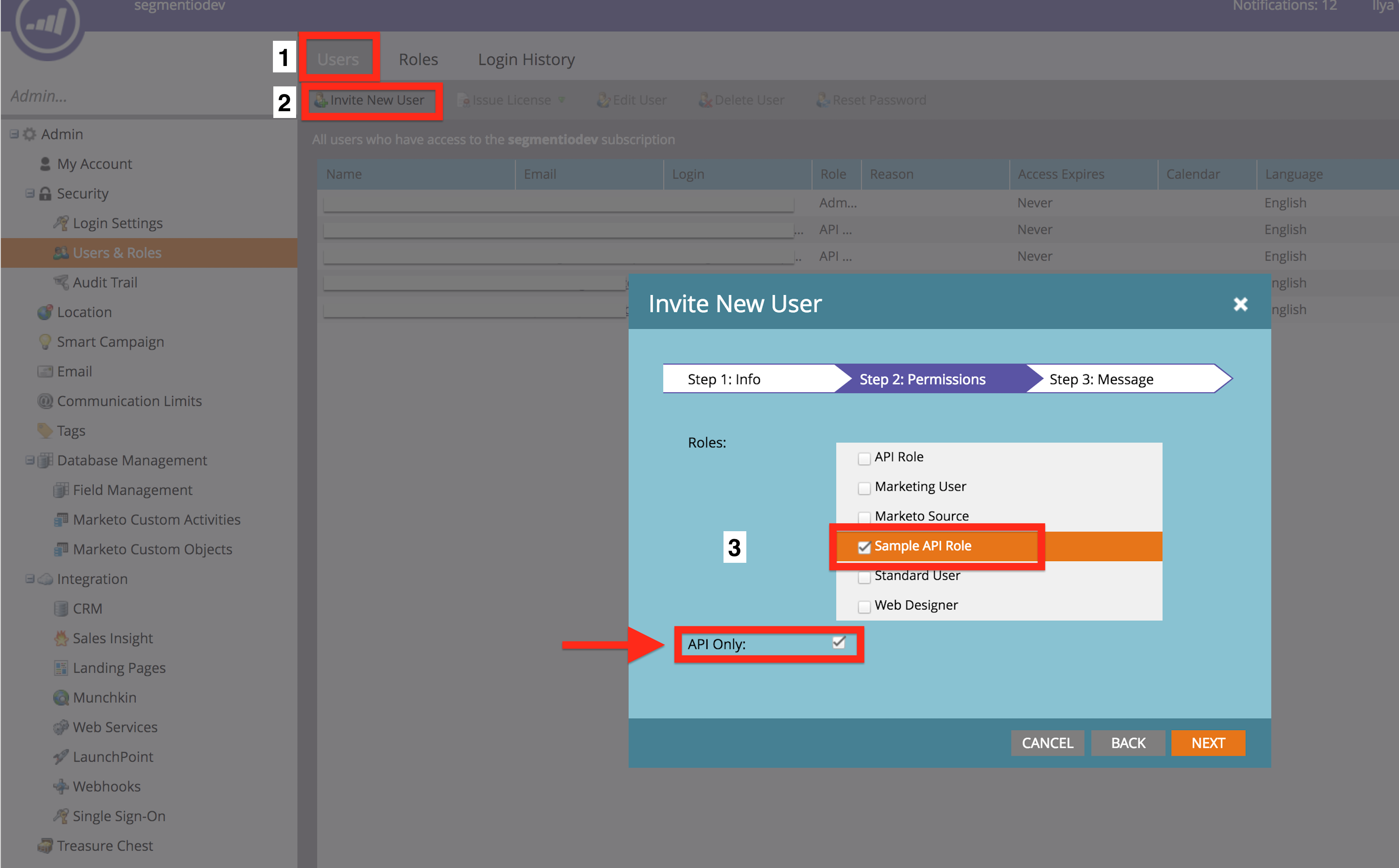 A screenshot of the Invite New User popup in Marketo.